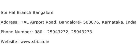 Sbi Hal Branch Bangalore Address Contact Number