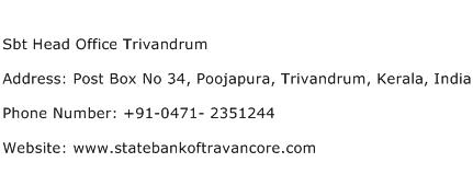Sbt Head Office Trivandrum Address Contact Number