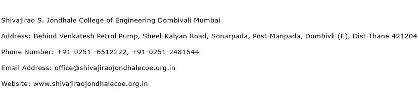 Shivajirao S. Jondhale College of Engineering Dombivali Mumbai Address Contact Number