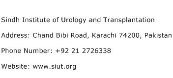 Sindh Institute of Urology and Transplantation Address Contact Number