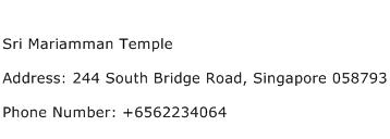 Sri Mariamman Temple Address Contact Number