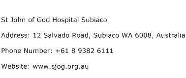 St John of God Hospital Subiaco Address Contact Number