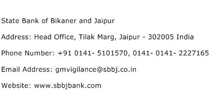 State Bank of Bikaner and Jaipur Address Contact Number
