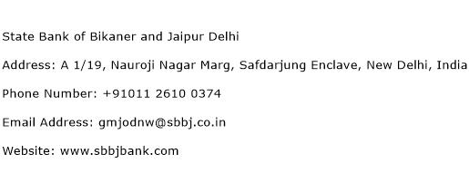 State Bank of Bikaner and Jaipur Delhi Address Contact Number