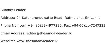 Sunday Leader Address Contact Number