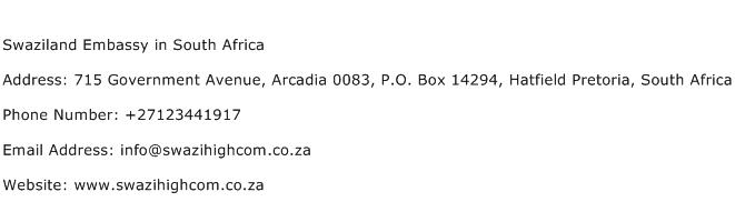 Swaziland Embassy in South Africa Address Contact Number