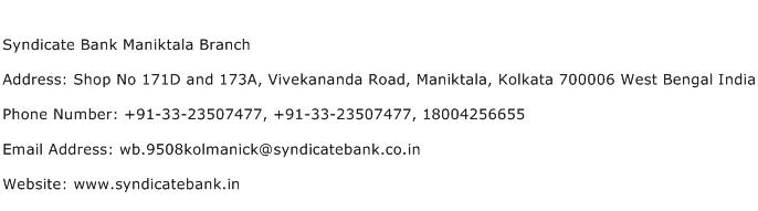 Syndicate Bank Maniktala Branch Address Contact Number