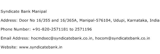 Syndicate Bank Manipal Address Contact Number