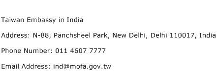 Taiwan Embassy in India Address Contact Number