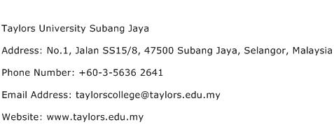 Taylors University Subang Jaya Address Contact Number