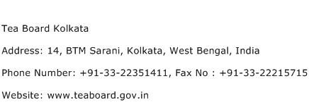 Tea Board Kolkata Address Contact Number