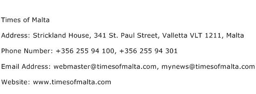 Times of Malta Address Contact Number