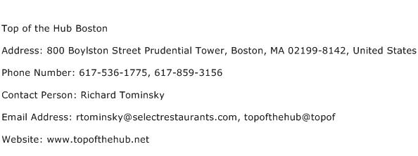 Top of the Hub Boston Address Contact Number