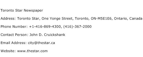Toronto Star Newspaper Address Contact Number