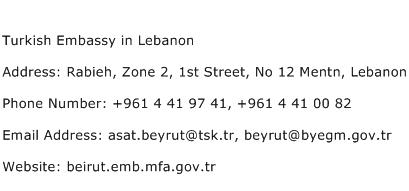 Turkish Embassy in Lebanon Address Contact Number