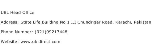 UBL Head Office Address Contact Number