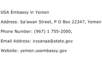 USA Embassy in Yemen Address Contact Number