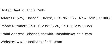 United Bank of India Delhi Address Contact Number