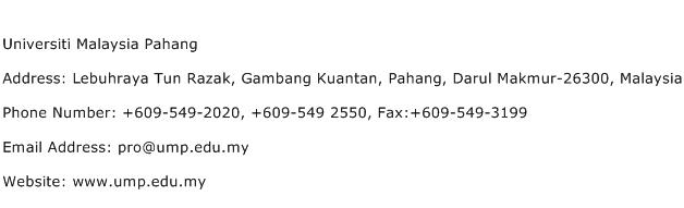 Universiti Malaysia Pahang Address Contact Number
