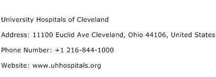 University Hospitals of Cleveland Address Contact Number