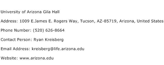 University of Arizona Gila Hall Address Contact Number