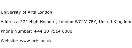 University of Arts London Address Contact Number
