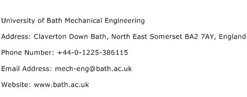 University of Bath Mechanical Engineering Address Contact Number