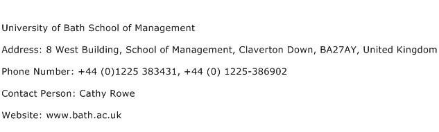 University of Bath School of Management Address Contact Number