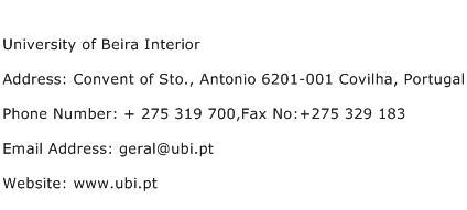 University of Beira Interior Address Contact Number