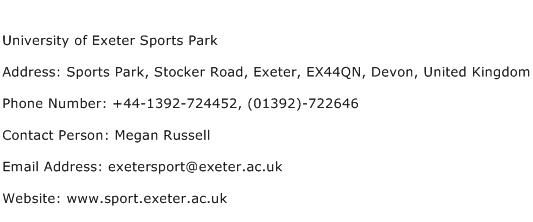 University of Exeter Sports Park Address Contact Number