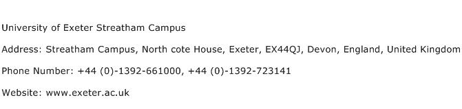 University of Exeter Streatham Campus Address Contact Number