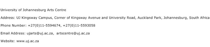 University of Johannesburg Arts Centre Address Contact Number