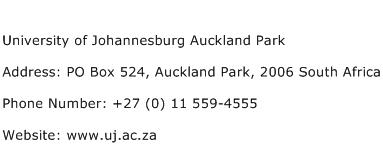 University of Johannesburg Auckland Park Address Contact Number