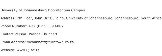 University of Johannesburg Doornfontein Campus Address Contact Number