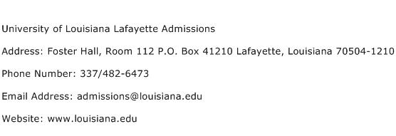 University of Louisiana Lafayette Admissions Address Contact Number