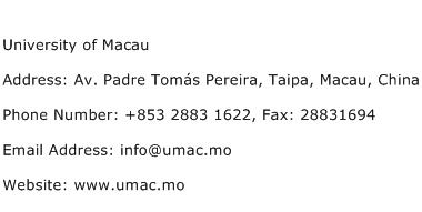 University of Macau Address Contact Number