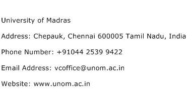 University of Madras Address Contact Number