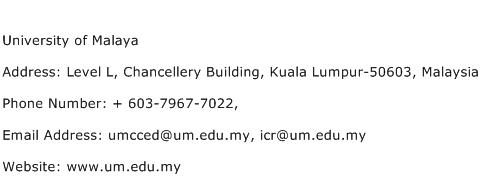 University of Malaya Address Contact Number