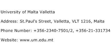 University of Malta Valletta Address Contact Number