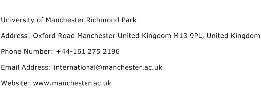 University of Manchester Richmond Park Address Contact Number