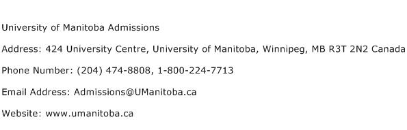 University of Manitoba Admissions Address Contact Number