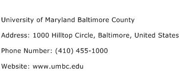 University of Maryland Baltimore County Address Contact Number