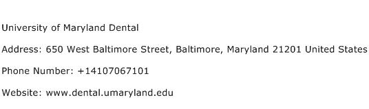 University of Maryland Dental Address Contact Number