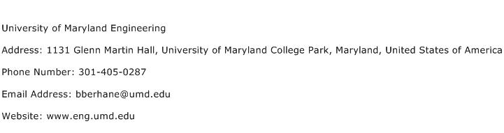 University of Maryland Engineering Address Contact Number