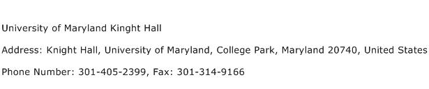 University of Maryland Kinght Hall Address Contact Number