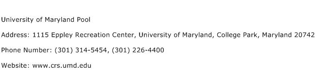 University of Maryland Pool Address Contact Number