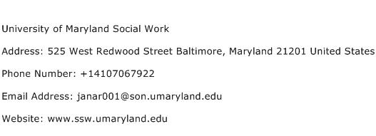 University of Maryland Social Work Address Contact Number