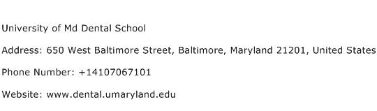 University of Md Dental School Address Contact Number