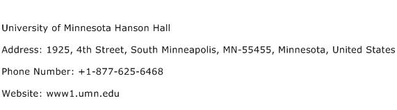 University of Minnesota Hanson Hall Address Contact Number