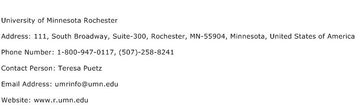 University of Minnesota Rochester Address Contact Number